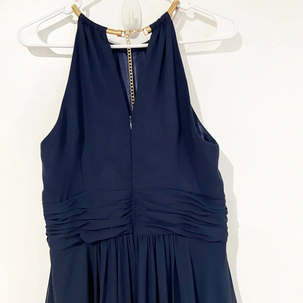 Eliza J Chiffon Layered Gold Chain High Neck Navy Maxi Gown Size 10 - Picture 3 of 9